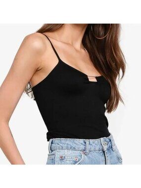 Free People Black Ribbed Cami Adjustable Straps Fitted Design